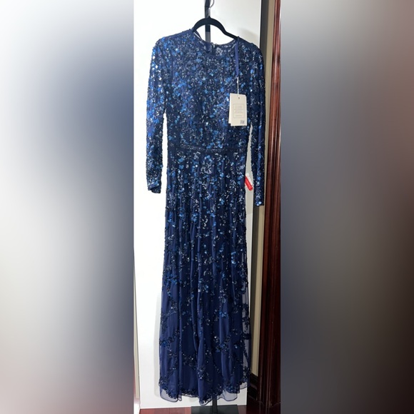 Lattice sequined illusion neckline long sleeve A-line gown - Picture 6 of 10